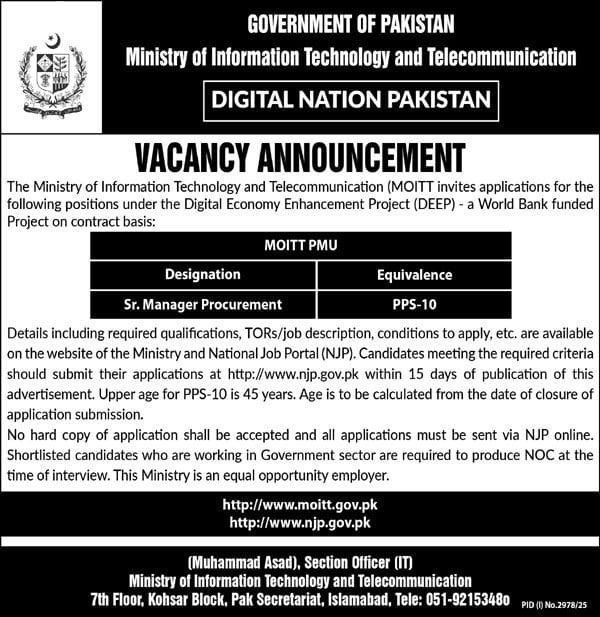 Ministry Of Information Technology Jobs 2025 for Senior Manager