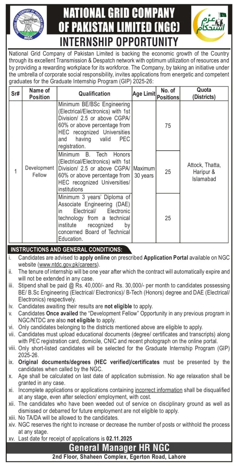 NGC Graduate Internship Program (GIP) 2025-26 1 NATIONAL GRID COMPANY OF PAKISTAN NGC Internship Program 2025