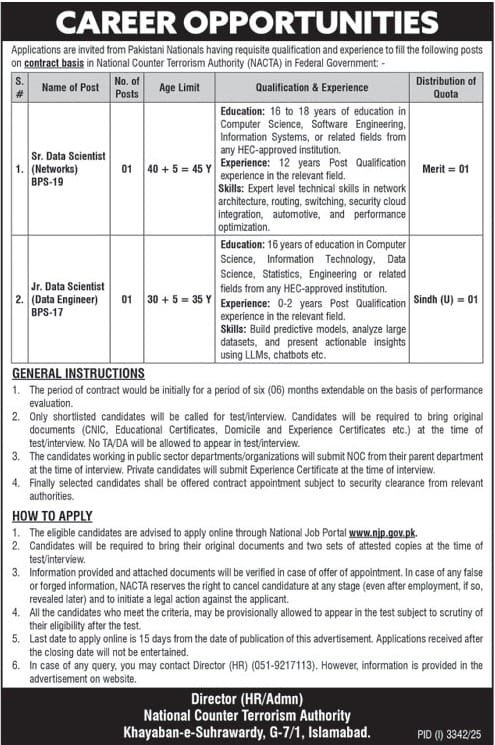 New Jobs At National Counter Terrorism Authority NACTA