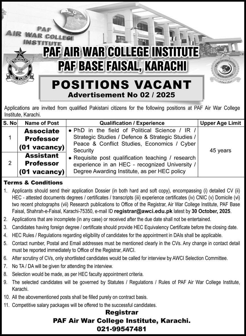 PAF Air War College Institute Karachi Jobs 2025