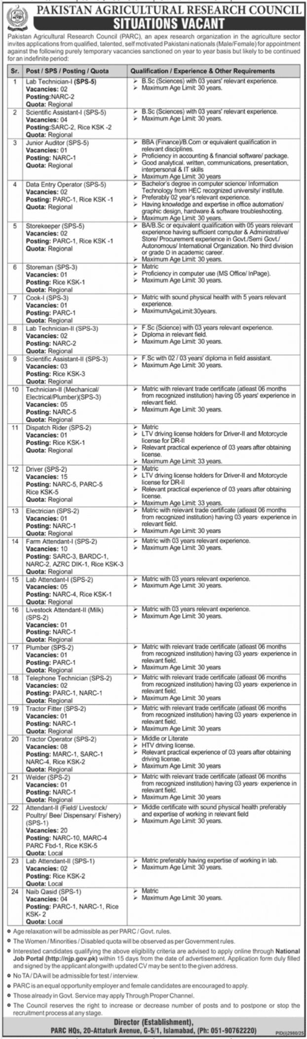 Pakistan Agricultural Research Council Urgent Jobs 2025 Posts