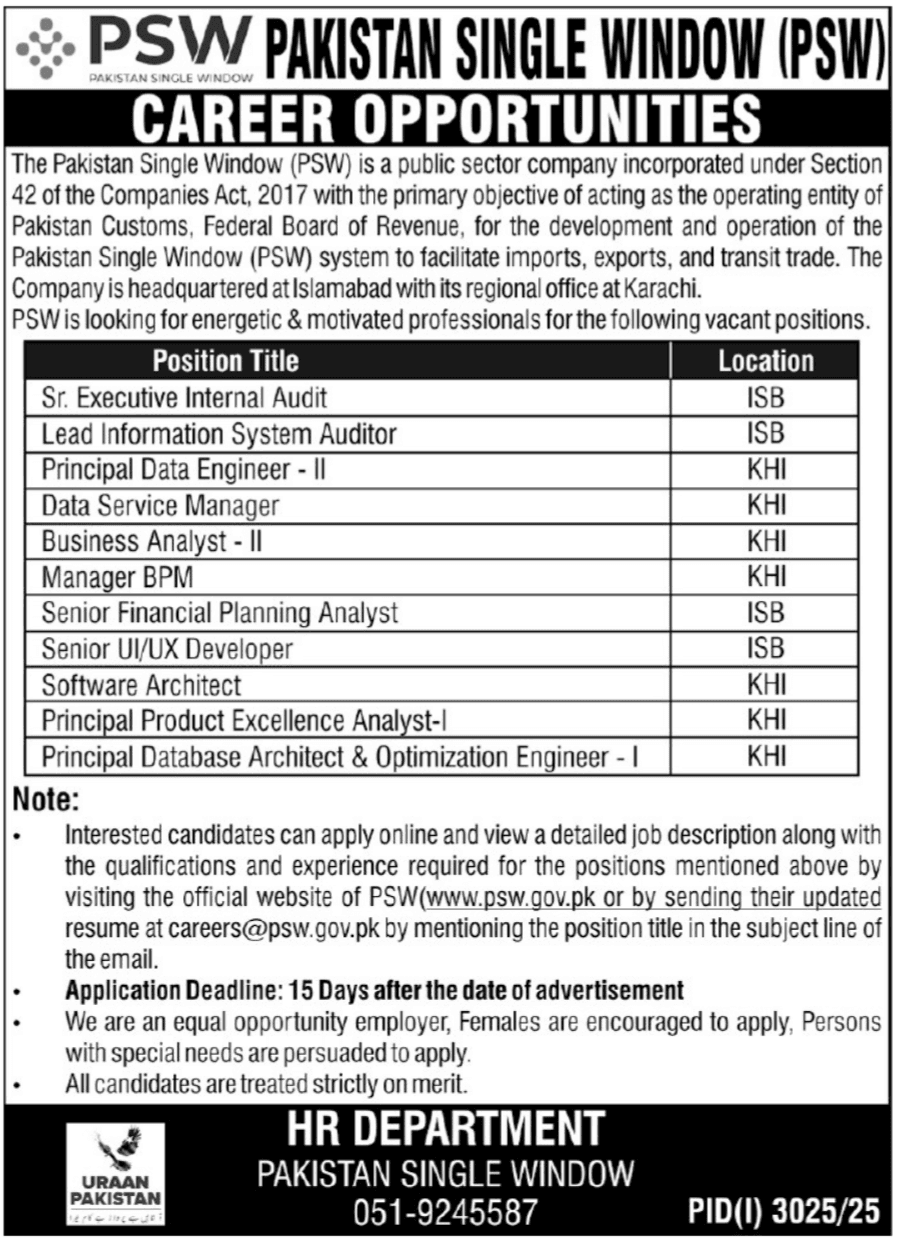 Pakistan Single Window PSW Karachi Jobs 2025 Now Apply