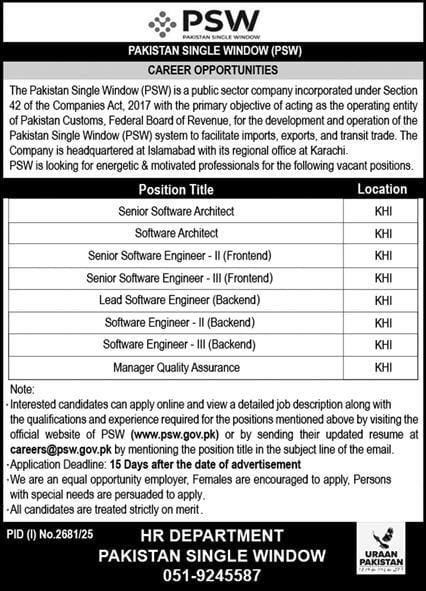 Pakistan Single Window PSW Karachi Jobs 2025