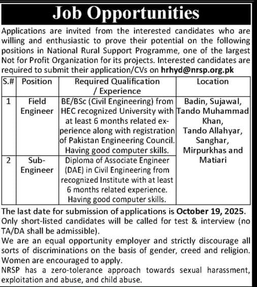 Job Opportunities at National Rural Support Programme NRSP NGO
