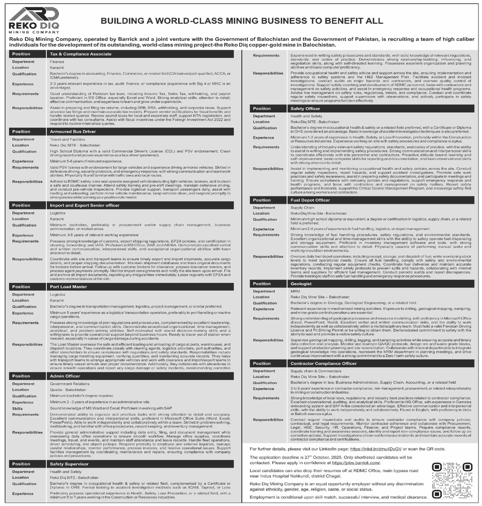 Reko Diq Mining Company RDMC Karachi Jobs 2025