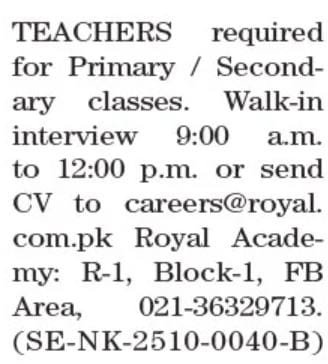 Royal Academy Karachi Jobs 2025 For Teachers