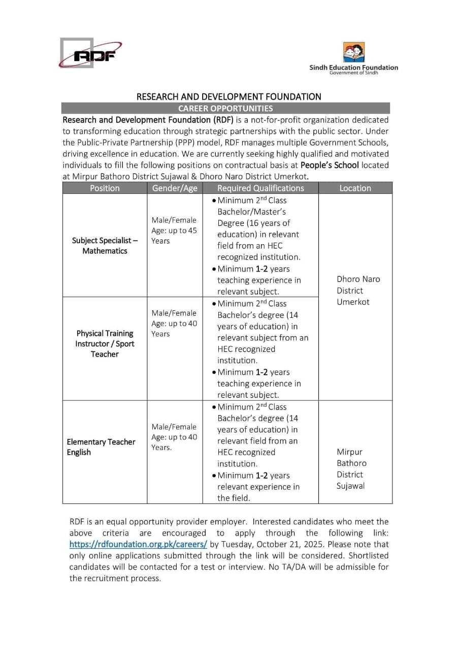Apply Now For Sindh Education Foundation RDF NGO Jobs 2025