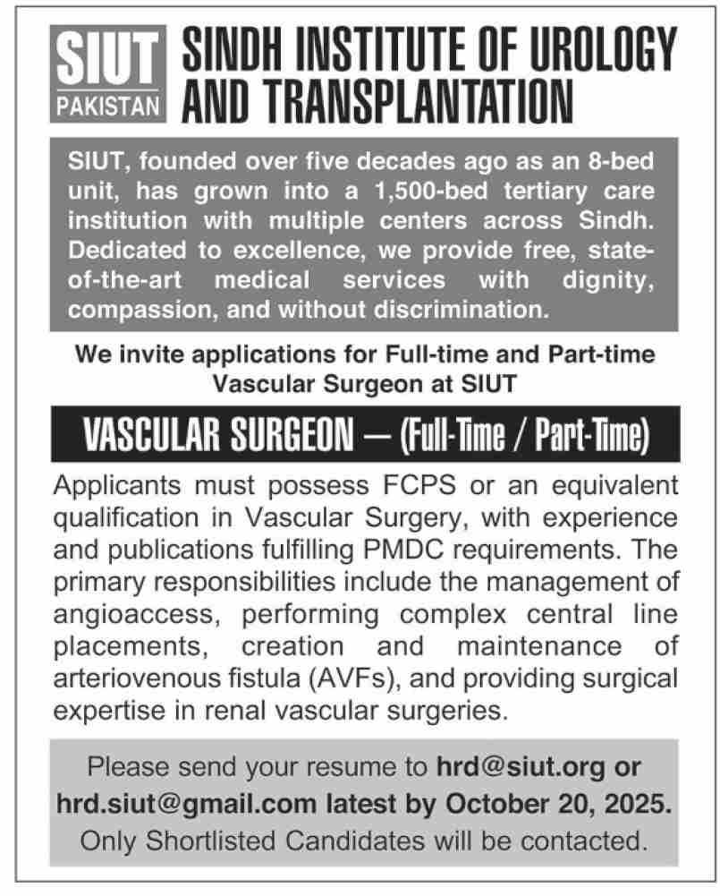 Sindh Institute of Urology New SIUT Vascular Surgeon Jobs