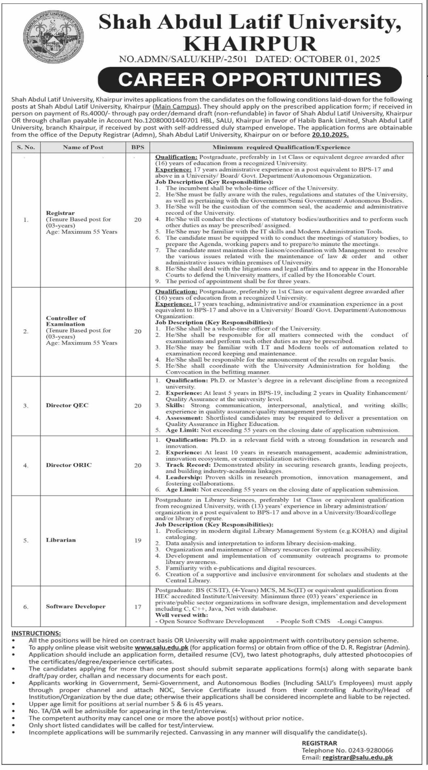Shah Abdul Latif University Urgent SALU Khairpur Jobs 2025