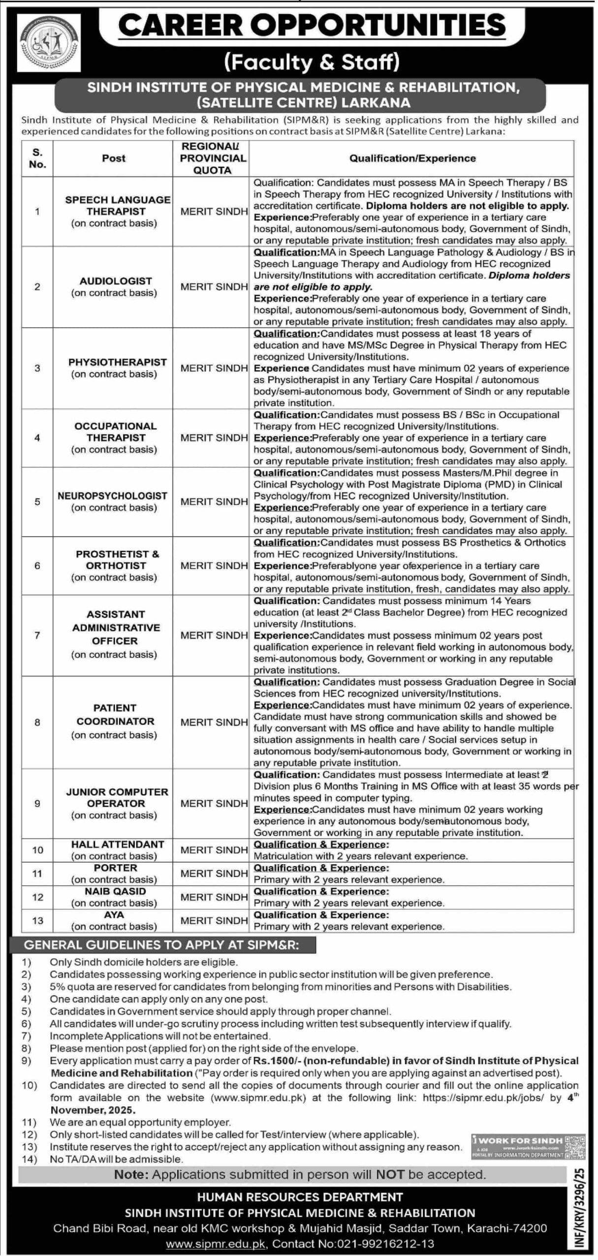 Sindh Institute Of Physical Medicine Jobs 2025 For All Sindh