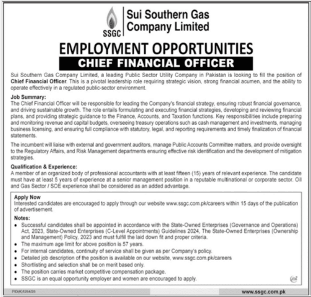 Sui Southern Gas Company SSGC Finance Jobs New in 2025