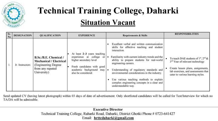 Technical Training College Daharki Job Opportunities 2025