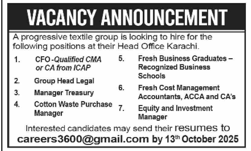 Urgent Textile Group of Companies Karachi Jobs For Fresh Graduates