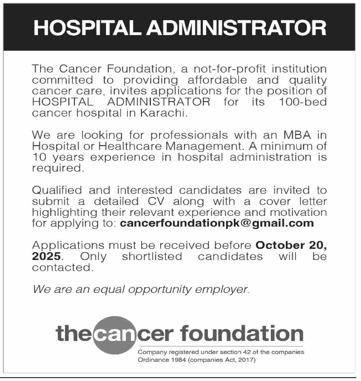 The Cancer Foundation Karachi Jobs 2025