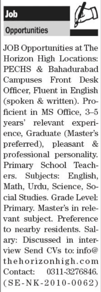 The Horizon High School Karachi Teaching Jobs 2025
