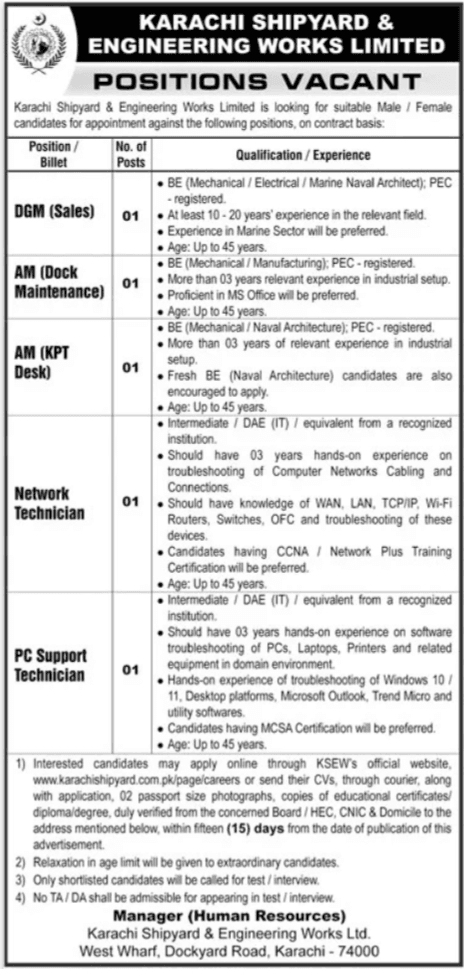Vacant Posts At Karachi Shipyard And Engineering Works