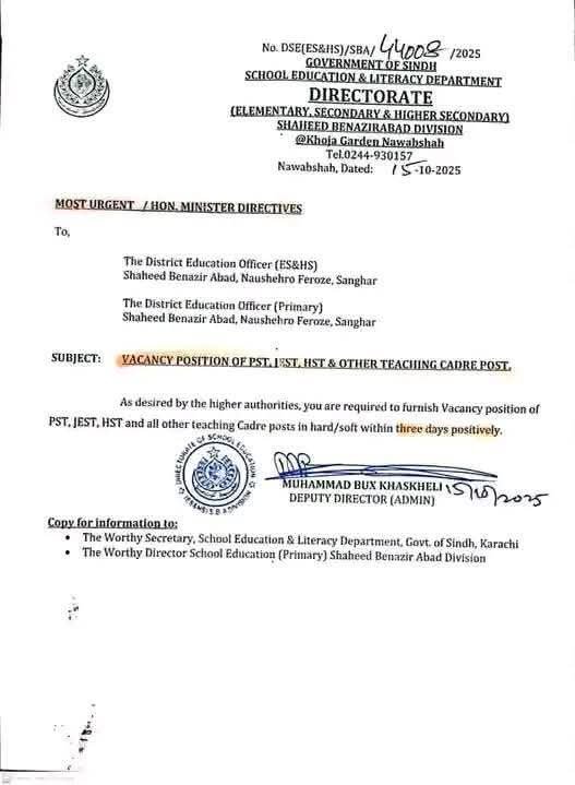 PST EST HST JEST Teaching Jobs Sindh Govt Notification 16 October 2025 2 PST EST HST JEST Teaching Vacancy Sindh Govt Notification 16 October 2025