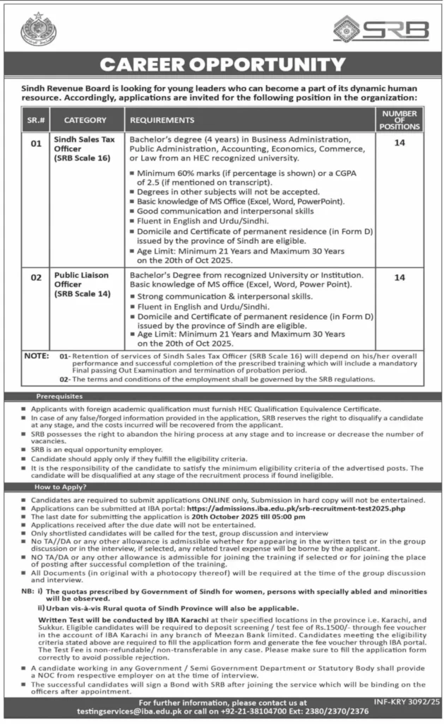 Sindh Revenue Board SRB Jobs 2025