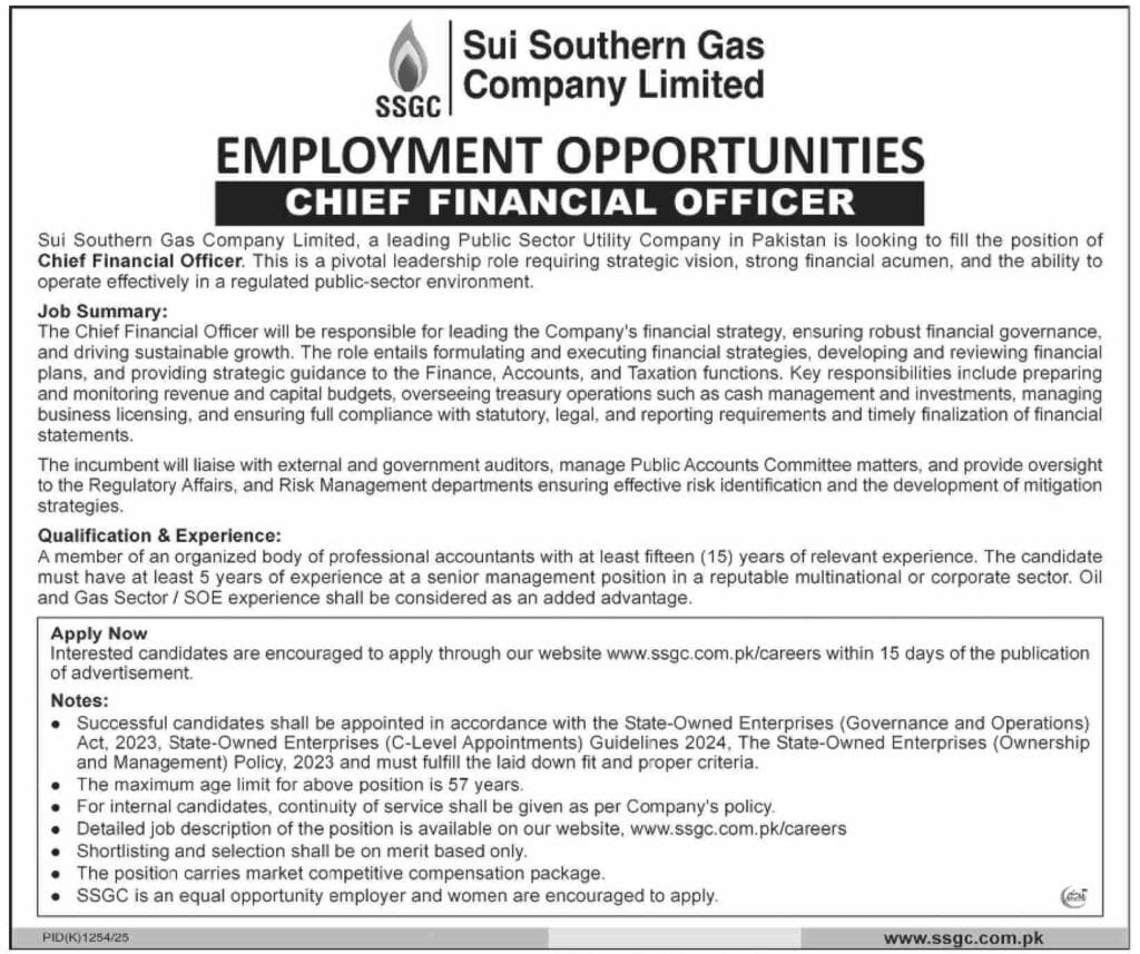 SSGC Sui Southern Gas Company Limited Chief Financial Officer Jobs 2025