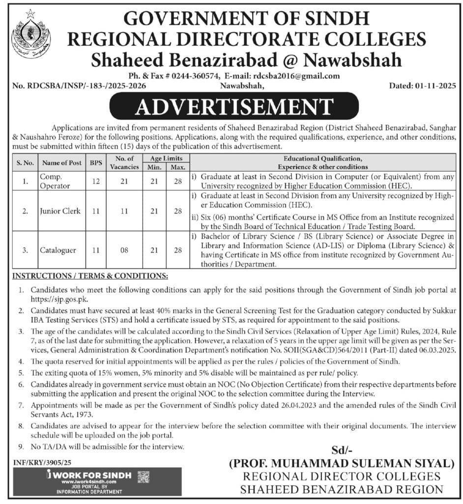 College Education Department Jobs 2025 New Sindh Jobs 2025 1 College Education Jobs Nawabshah Urgent New Sindh Jobs 2025