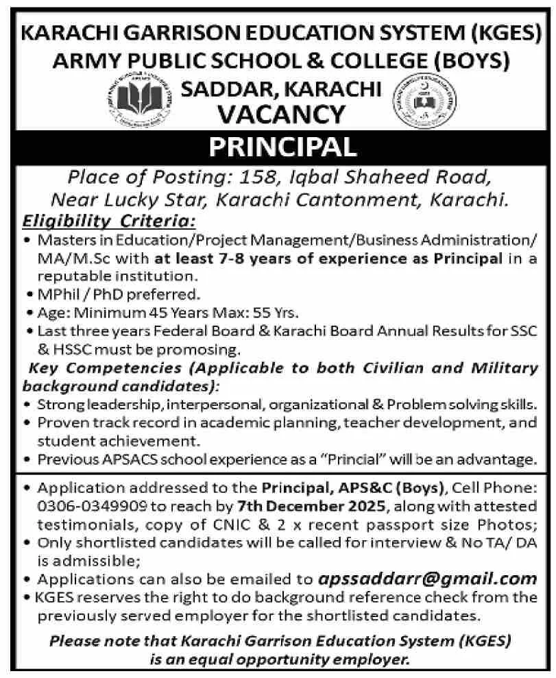 Army Public School and College Jobs in Karachi Principle Best 1 Army Public School and College Jobs