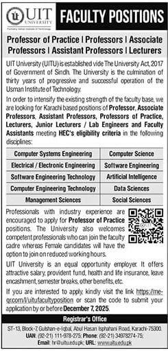 Faculty Jobs At UIT University Karachi