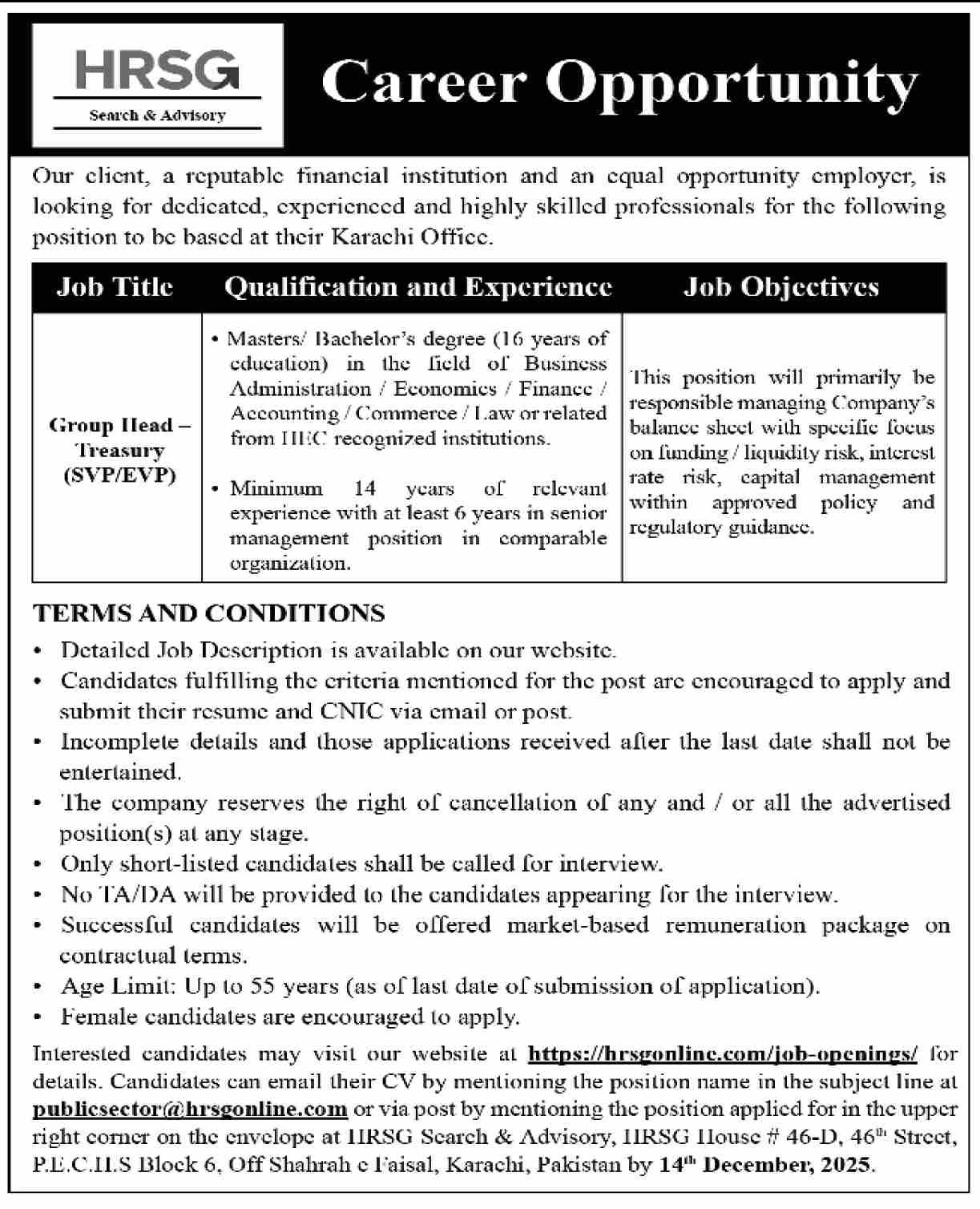 Group Head Treasury Jobs at HRSG Company Limited