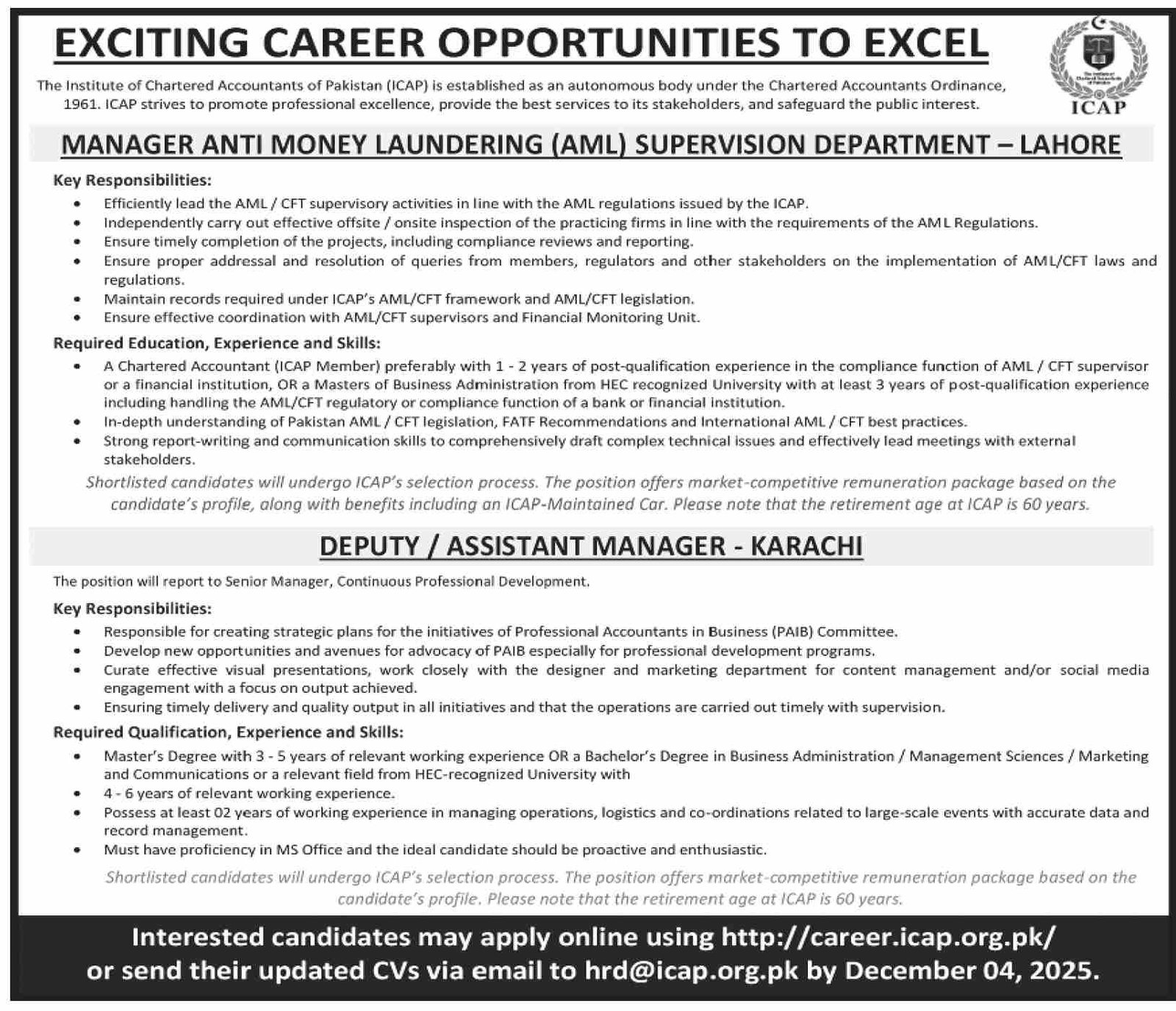 ICAP Jobs in Institute Of Chartered Accountants Of Pakistan