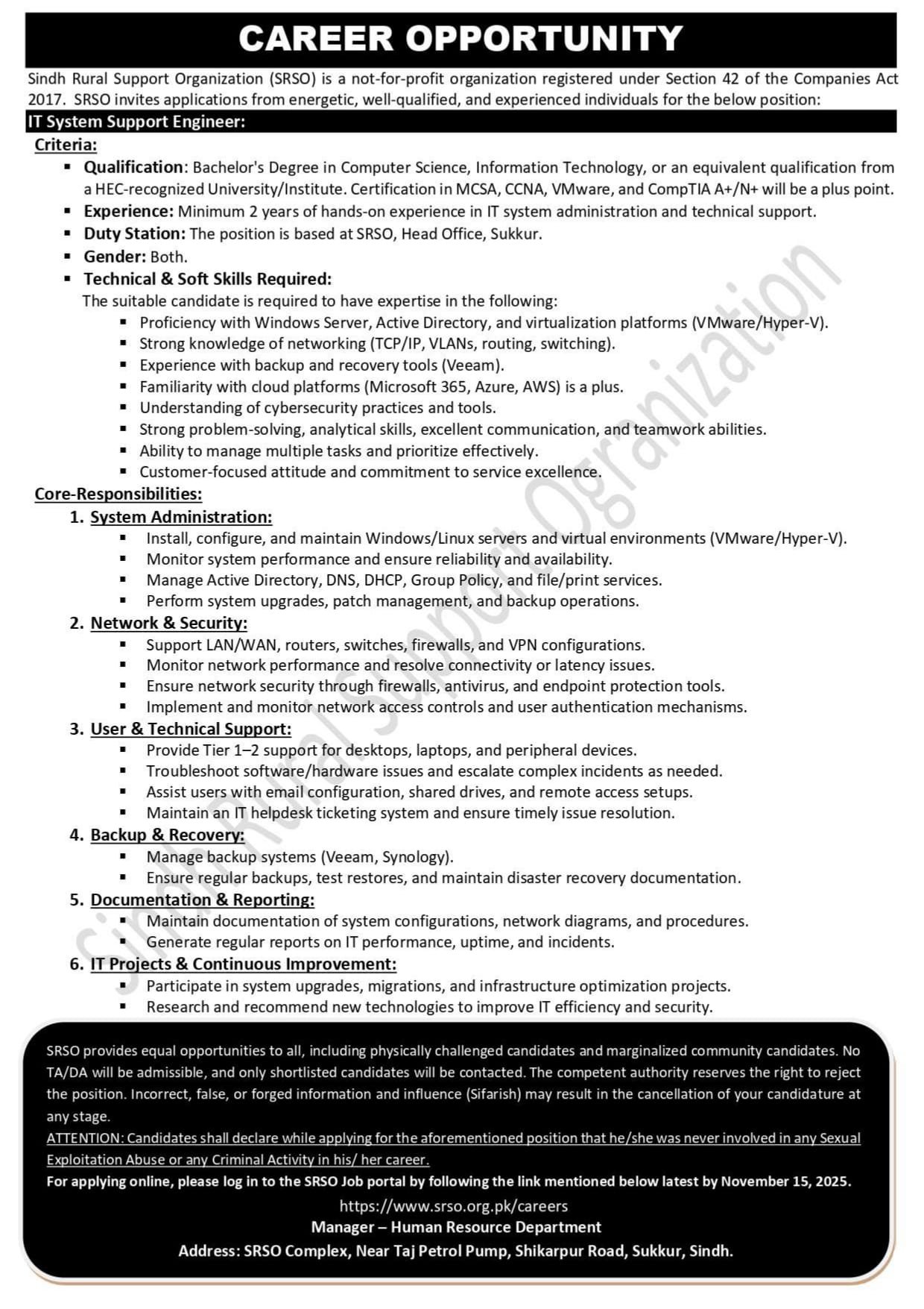 SRSO Jobs at Sindh Rural Support Organization Urgent 2025