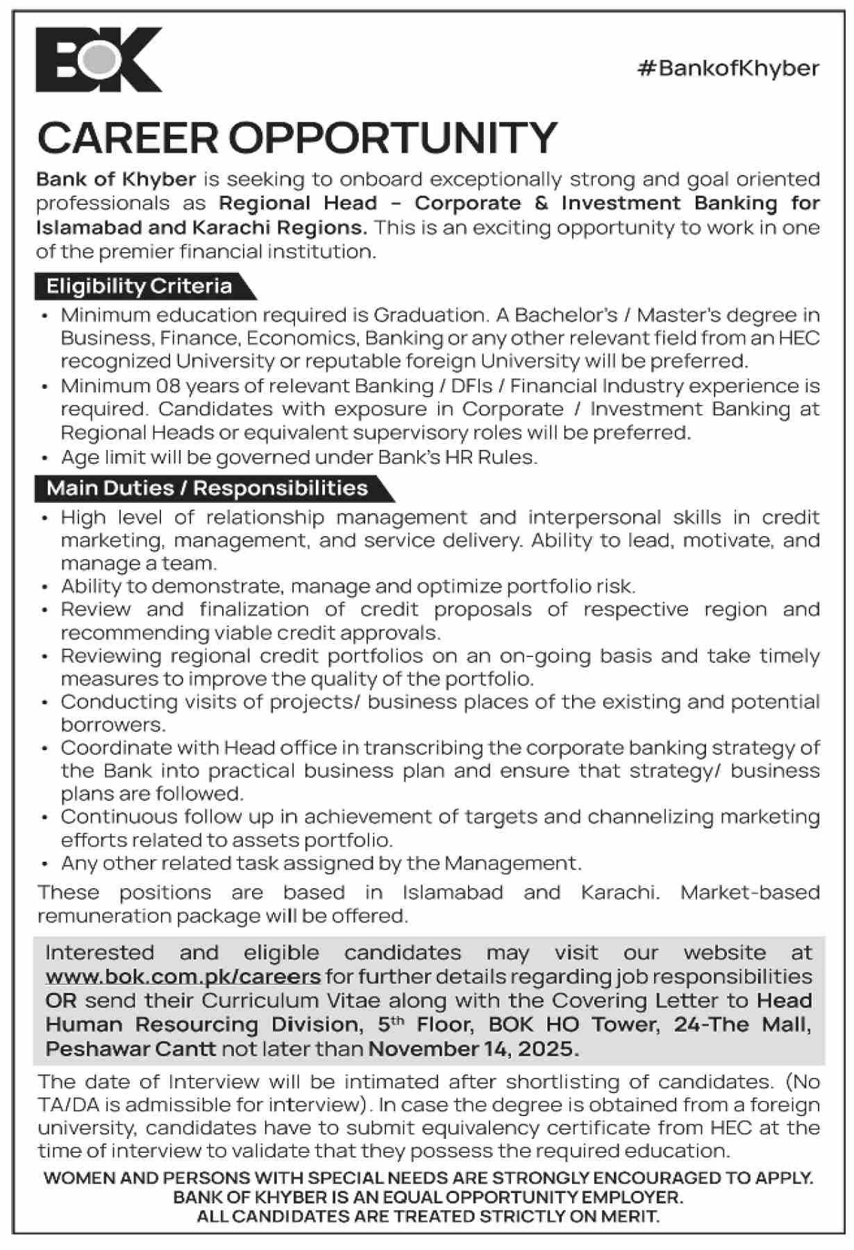 Job Opportunities At The Bank Of Khyber BOK
