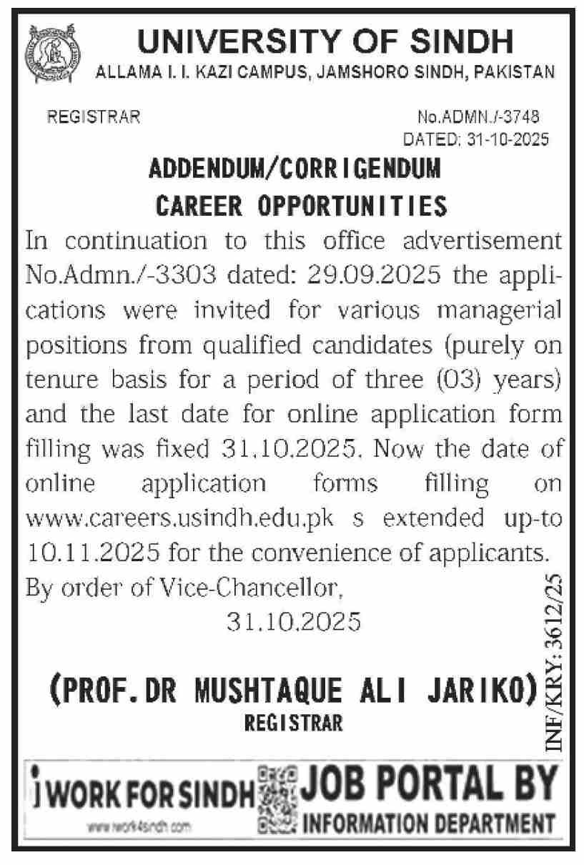 Job Positions At University Of Sindh
