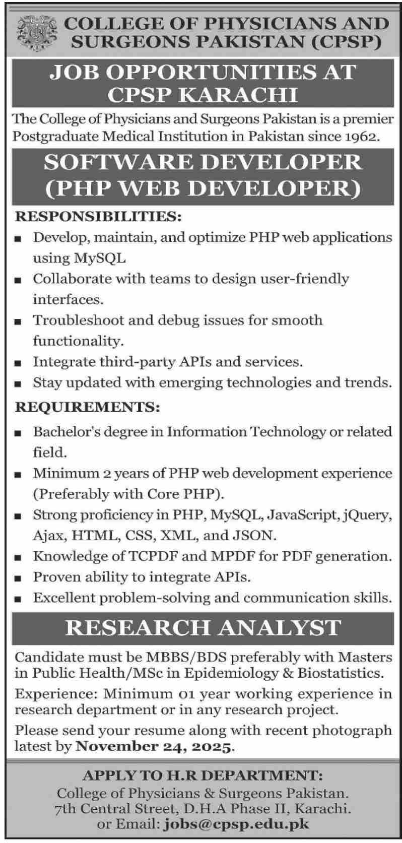 Urgent Jobs At College Of Physicians And Surgeons Pakistan 1 Jobs At College Of Physicians And Surgeons Pakistan Karachi