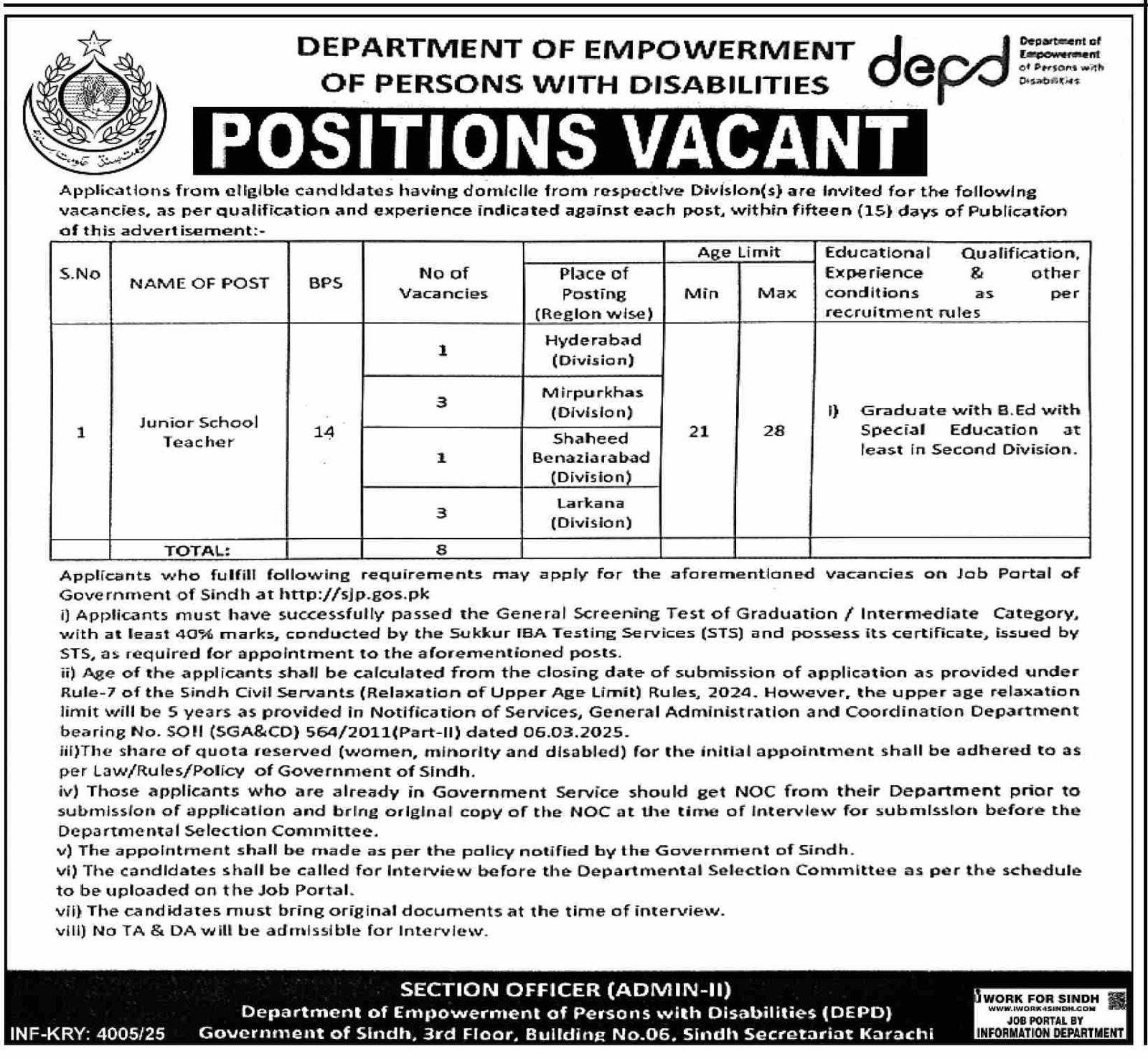 Junior School Teacher BPS-14 Jobs at Department of Empowerment of Persons with Disabilities DEPD 1 Junior School Teacher BPS-14 Jobs at Department of Empowerment of Persons with Disabilities DEPD