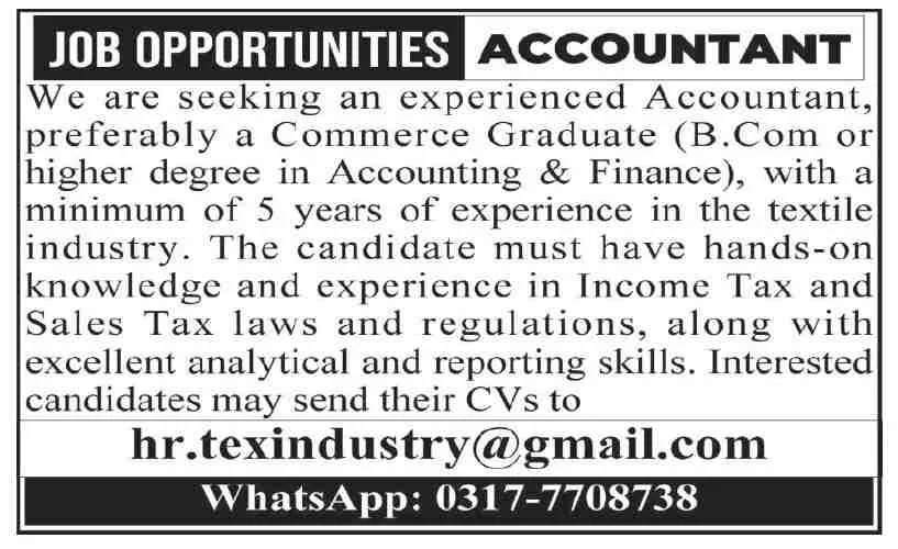 Latest Textile Industry Accounting Jobs in Karachi 2025