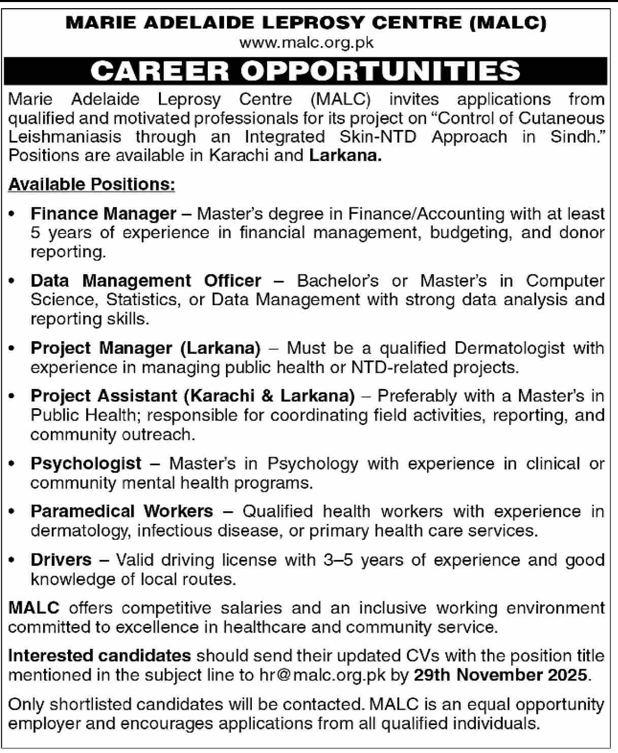 Marie Adelaide Leprosy Centre MALC Jobs 2025 Karachi 1 Marie Adelaide Leprosy Centre MALC Jobs 2025 Karachi