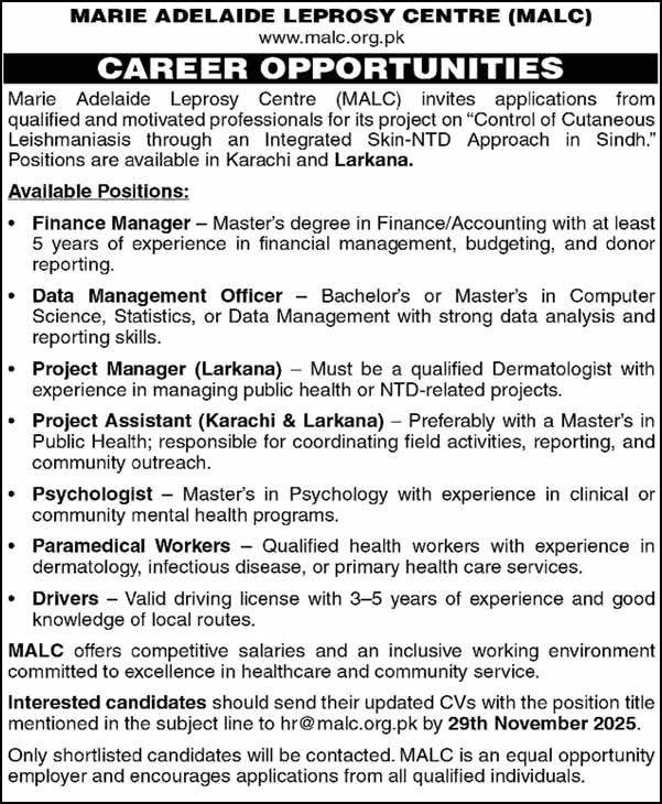 Apply Now For Marie Adelaide Leprosy Centre NGO Jobs