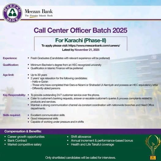 Meezan Bank Call Center Officer Jobs 2025 in Sindh