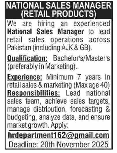 National Sales Manager Job At Private Company Sindh