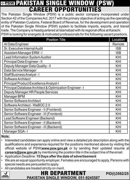 PSW Jobs Open At Pakistan Single Window