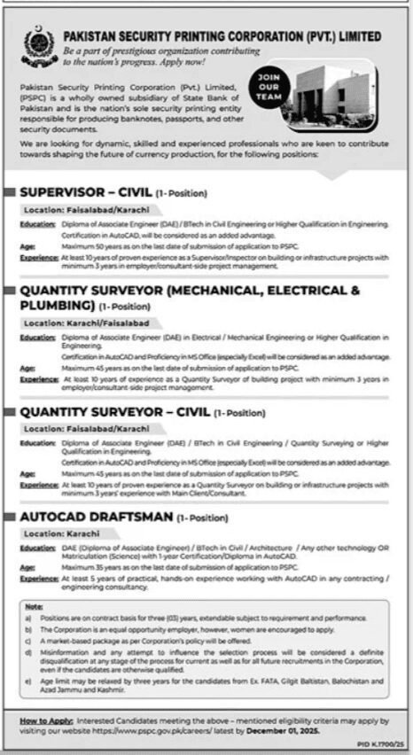 Pakistan Security Printing Corporation PSPC Jobs