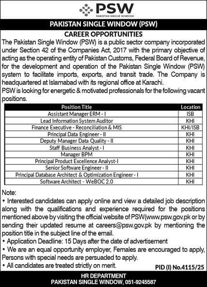 Daily Urgent Pakistan Single Window PSW Jobs in Karachi 1 Pakistan Single Window PSW Jobs in Karachi