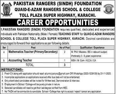 Quaid E Azam Rangers School and College Karachi Jobs