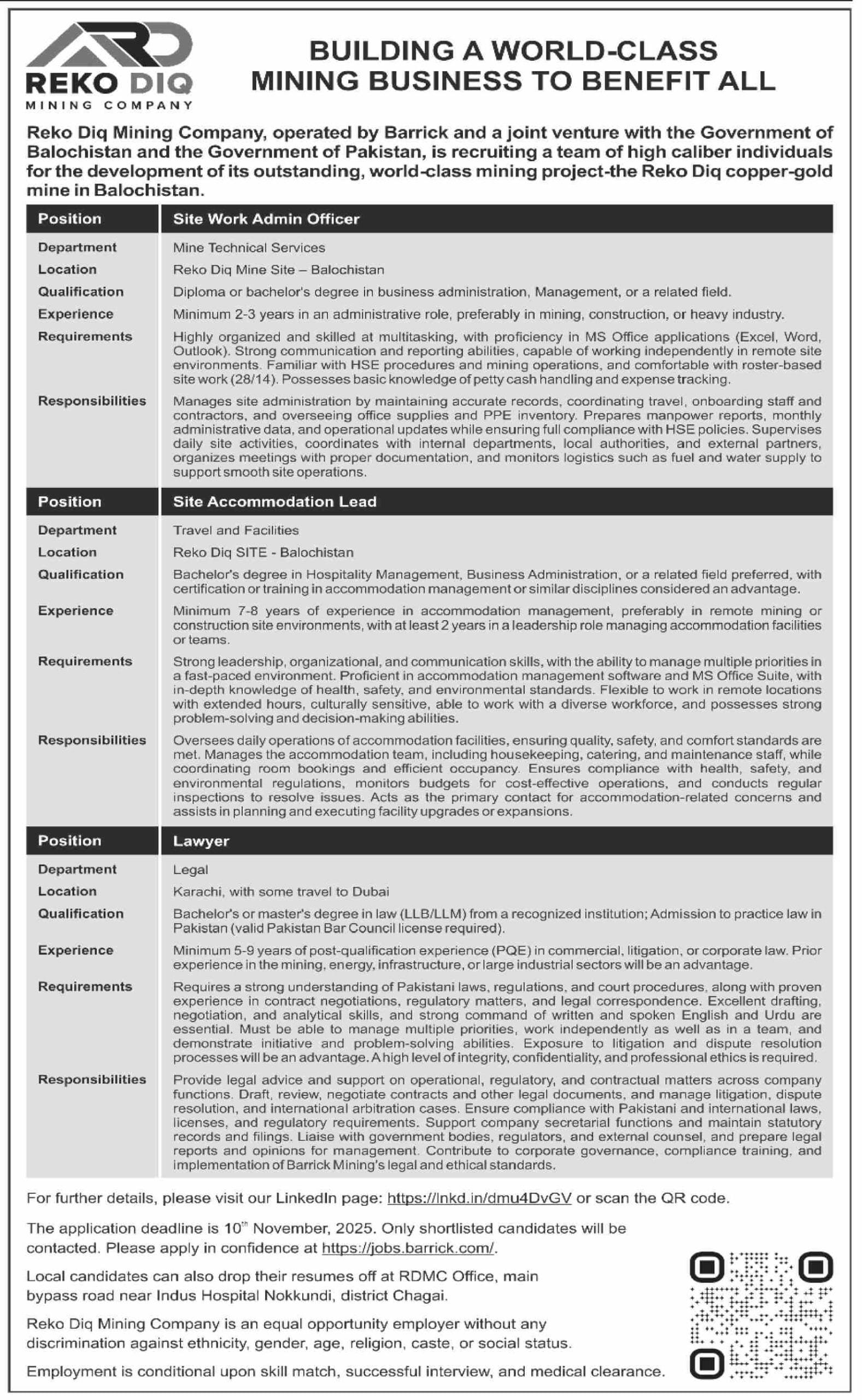 Reko Diq Mining Company RDMC Jobs in Karachi New Hiring