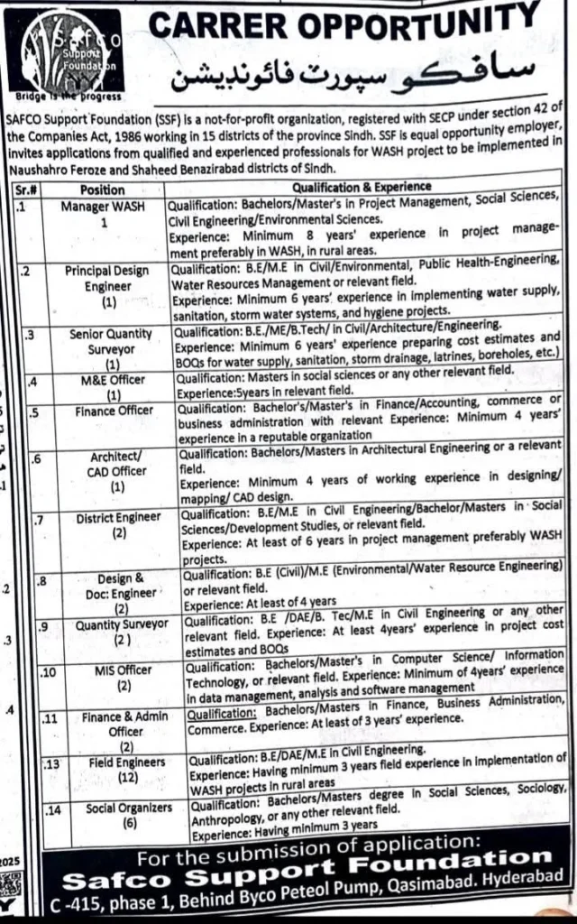 SAFCO Support Foundation SSF WASH Project Jobs Sindh 2025