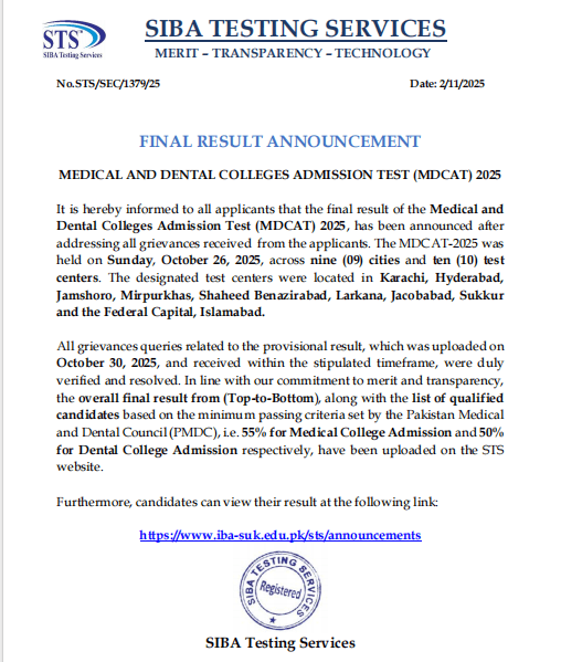 Final Result of MDCAT 2025 IBA STS Announcement Today