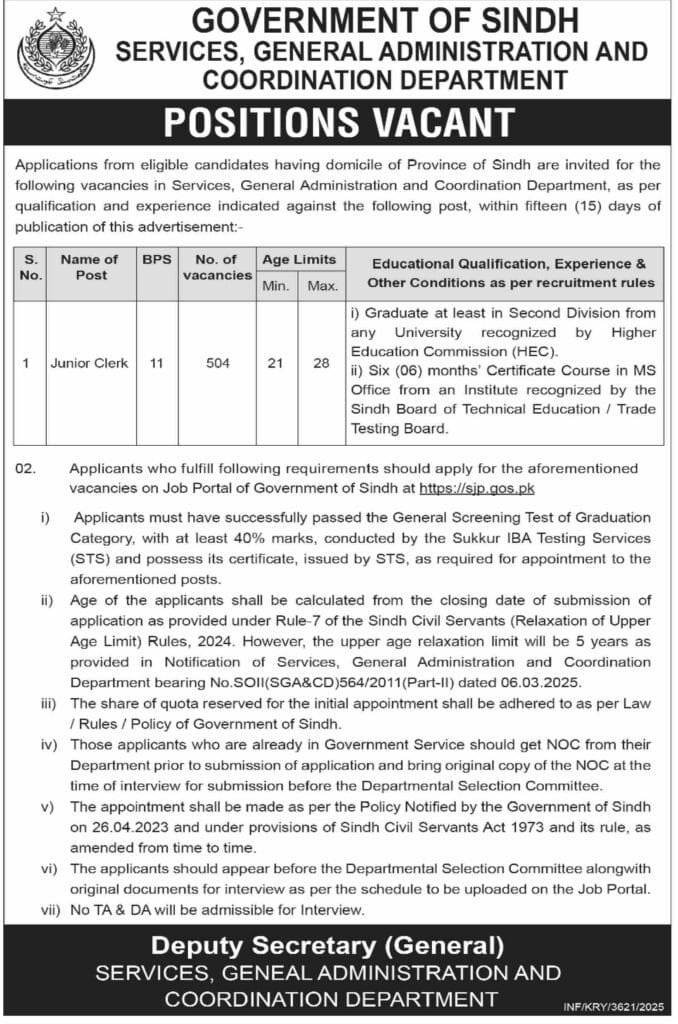 Services General Administration And Coordination Department Junior Clerk Jobs Sindh 2025