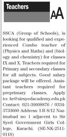 Sir Syed Children Academy SSCA Teaching Jobs in Karachi