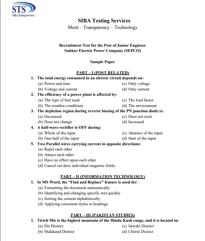 STS SIBA Junior Engineer SEPCO Sample Papers 1 STS SIBA Junior Engineer SEPCO Sample Papers