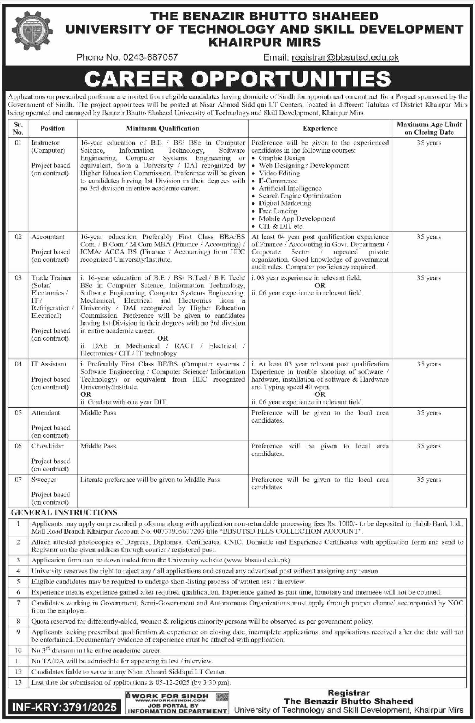 University of Technology and Skill Development Khairpur Mirs Jobs