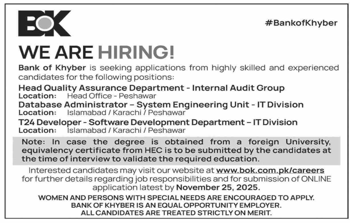 Urgent Sindh Jobs At The Bank Of Khyber BOK